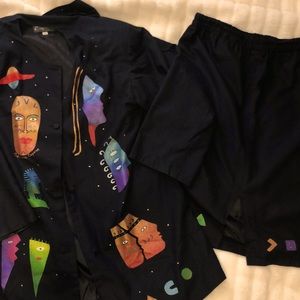 Vintage 2PC Sabrina Capune black theatre decal suit jacket + skirt